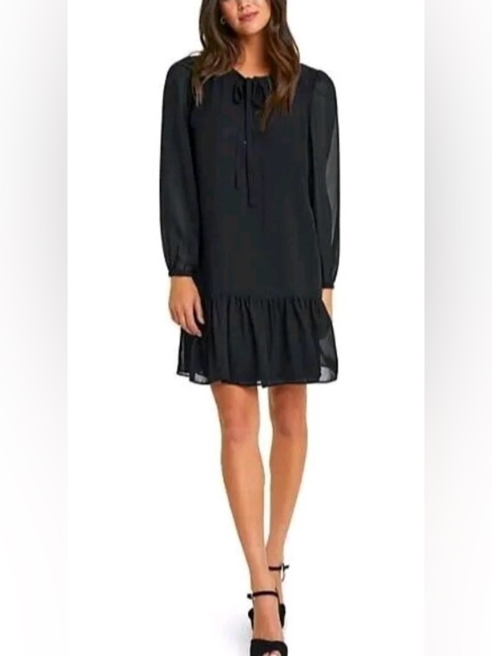NWT Draper James Black Chiffon Long Sleeve
Ruffle Hem Shift Dress w/ Tie Neck, M